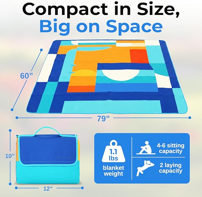 scuddles Extra Large Picnic Blanket – 60" x 80" Waterproof Outdoor Mat with Soft 3-Layer Comfort, Cozy Fleece Top, Foldable Design & Carry Strap for Beach, Camping, Parks & Hiking