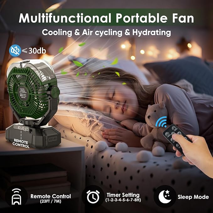 COZII Misting Fan Portable, 20000mAh Camping Fan Rechargeable with Mist - Mister with 360ml Water Tank, Touch Screen, 5 Speeds, 3 Colors LED Lantern, 8 Timing, for Tents, Travel, Beach, Home, Outdoor