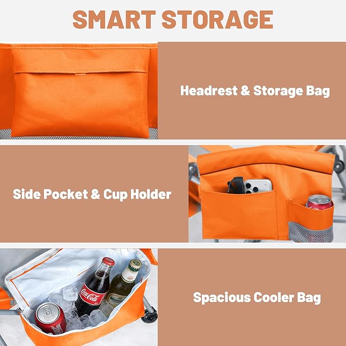 Youtanic High Back Beach Camping Chair 2 Pack, Extra Wide Folding Outdoor Chair with Cooler Bag, Breathable Mesh & Dual-Use Pillow, Portable Lounge Seat for Adults, Sand, Sports, Picnic, Orange