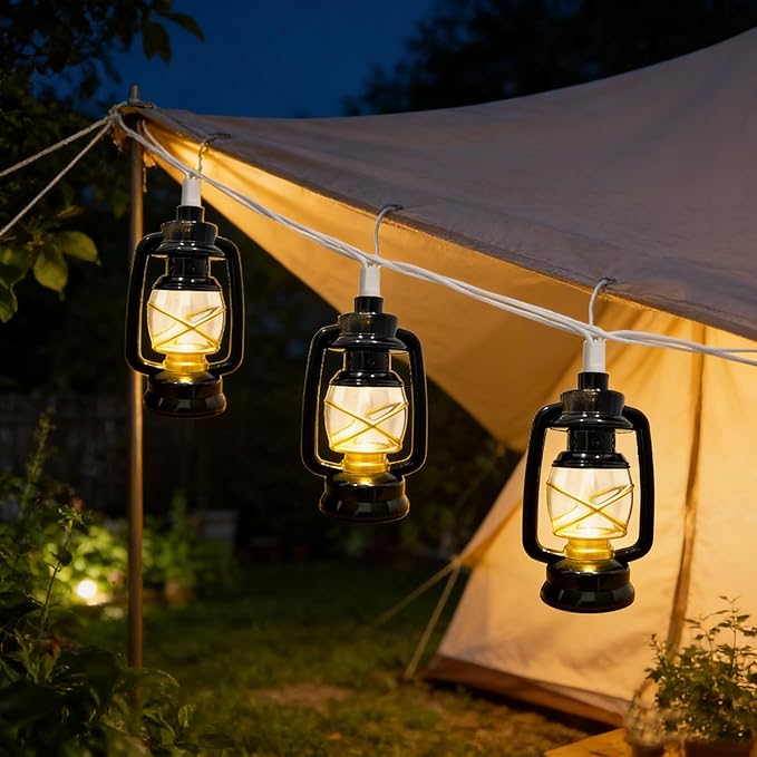 8.5Ft Black Mini Kerosene String Lights, Vintage Fairy Decorative Lights with 10 Warm White LED Lights, Connectable Outdoor Lantern for Bedroom Camping Wedding Garden Holiday