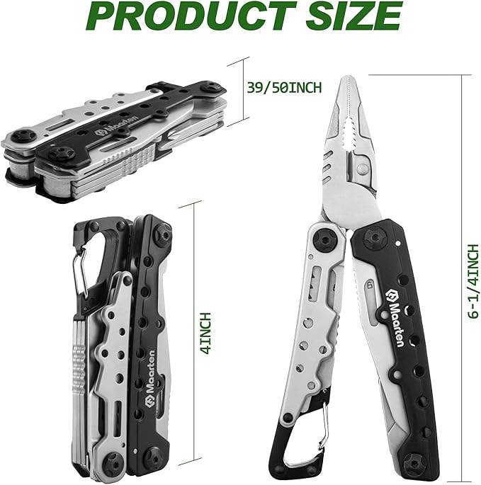 Maarten Lightweight Multitool Pliers, 11 in 1 Suspension Multi-Plier with Carabiner, Stainless Steel Portable Pocket Keychain Multi tool with Spring Pliers, Folding Saw, Bottle Opener and Sheath