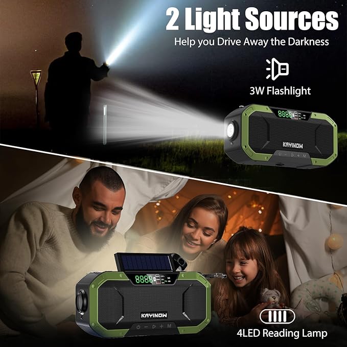 Hand Crank Emergency Radio,Portable AM FM NOAA Weather Radio,Solar Power,18500mWh/5000mAh Battery Operated,USB Charging Flashlight,Waterproof,SOS for Camping,Power Outage,Survival Storm