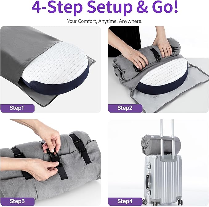 Portable Memory Foam Pillow for Sleeping - Standard Size Roll-Up Bed Pillow for Hotel & Camping, Deep Sleep Neck Support Pillow for Side & Back Sleepers, Packable with Carry Bag