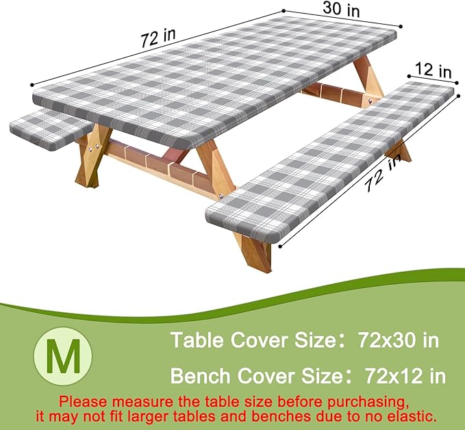 Picnic Table Cover with Bench Covers Portable Table Cloth Built-in Storage Pocket Fitted Tablecloth with Elastic Edges Waterproof Camping Essentials for Indoor Outdoor Rv,72in,Light Grey