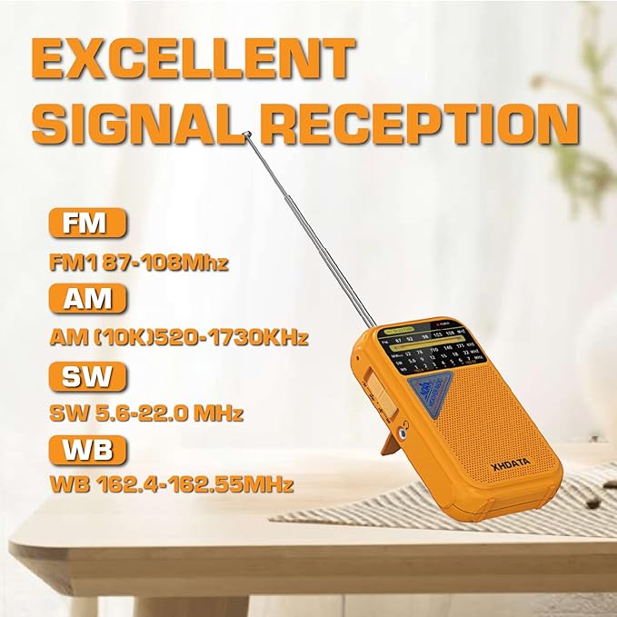 XHDATA D221 NOAA Weather Radio Portable AM FM Shortwave Radio Receiver, 2 AA Battery Operated, Transistor Radio with Excellent Reception for Emergency, Hurricane, Gift, Walking and Home (Orange)