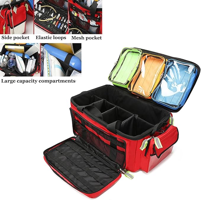 Generic Portable Trolley First Aid Kit Bag with Wheels, Large Capacity Outdoor Emergency Medical Duffle Bag Empty,Medical Trolley Bag with Compartments Removable,Ideal for EMT, EMS, Paramedics, Red