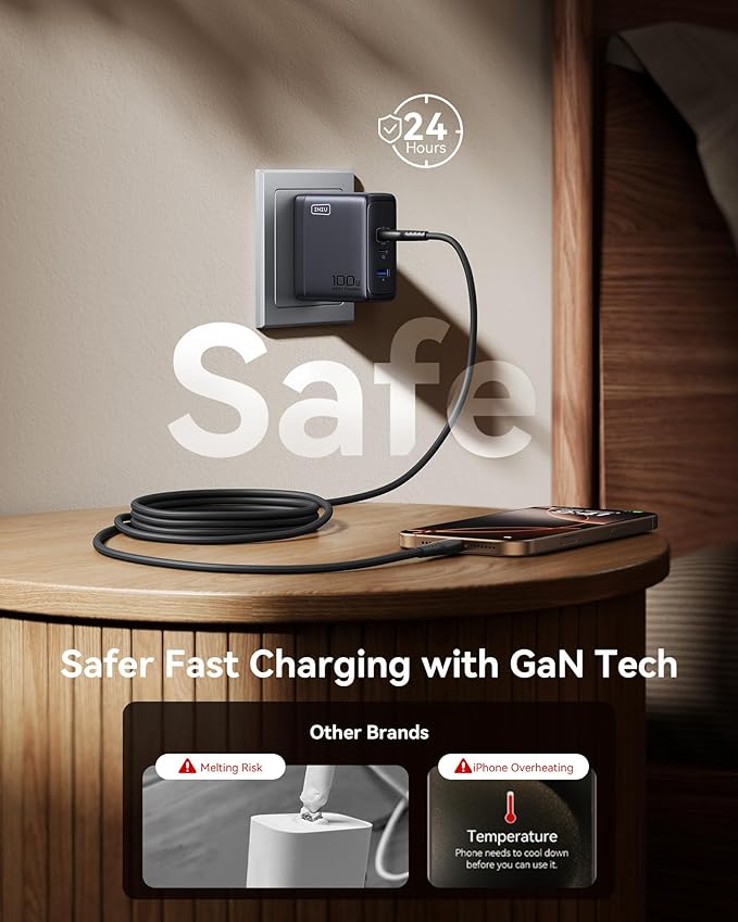 INIU for MacBook Pro Charger, 100W GaN Tech Fast Charging, 3-Port Compact Foldable Charger with USB C Cable, Power Adapter for Mac Book, iPhone 17, Samsung S25, Switch, Photographers, Outdoor, Travel