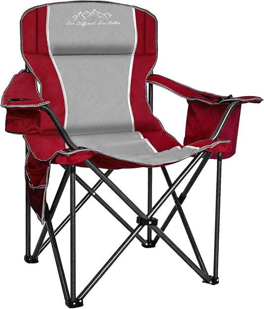 Folding Camping Chair Portable Outdoor Heavy Duty Padded Chairs Lawn Chair with Cup Holder, Storage Pocket and Cooler Bag, Supports 480LBS Red