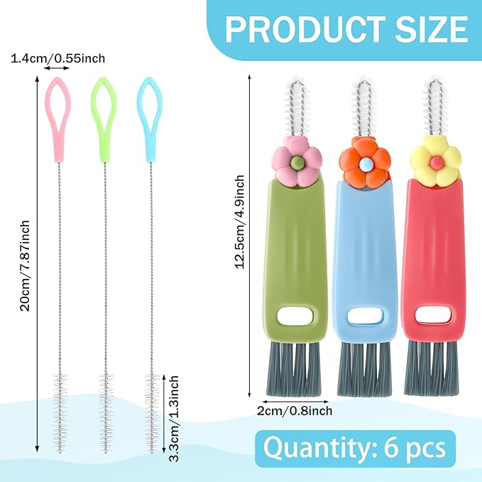 3Pcs 3 in 1 Cup Lid Cleaning Brush with 3Pcs 7.87inch Straw Cleaning Brush, Multifunctional Gap Cleaning Brush Portable Cup Brush Cleaner for Water Bottle Cup Lids Gaps Corners Straw Cleaning