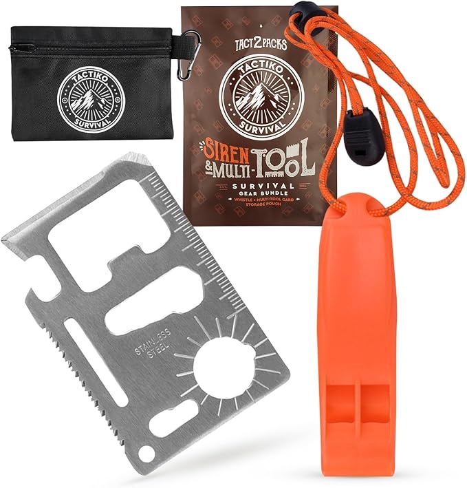 Tactiko Survival Siren and Multitool - Emergency Whistle & 10-in-1 Stainless Steel Pocket Tool with Carry Pouch - Essential Survival Gear Bundle for Camping, Hiking, and Outdoors - U.S. Company