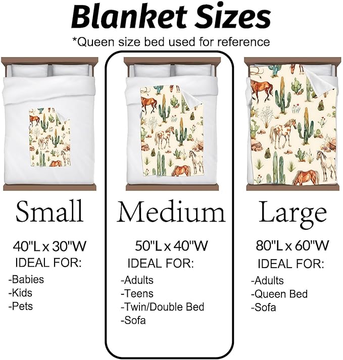 Western Horse Blanket with Cactus and Wild Mustang Pattern Throw Blankets Lightweight Flannel Throws for Camping Couch Chair Office Bed Rustic Home Decor Gifts for Adults,50x40inch
