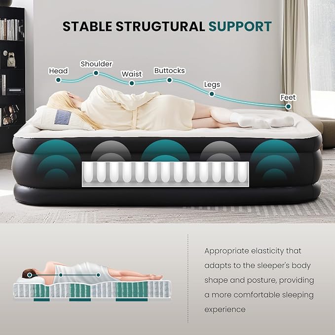 DUMOS Queen Air Mattress - 18" Inflatable Blow Up Airbed with Built-in High Capacity Pump, Double Height, Non-Slip Bottom Design, Weight Capacity 660 lbs Air Bed for Home or Camping