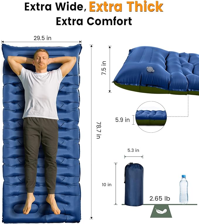 Camping Sleeping Pad,5.9 Inch Thick Camping Mat with Built in Pillow and Foot Pump,Self Inflating Sleeping Pad for Camping Backpacking（Green