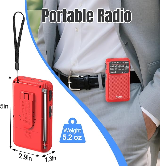 PRUNUS J-211 Portable Radio AM FM with USB Charging and AA Battery Operated, Transistor Radio, Strong Reception& Clear Speaker, Headphone Jack, Back Clip, Lanyard, Small radios Portable AM FM