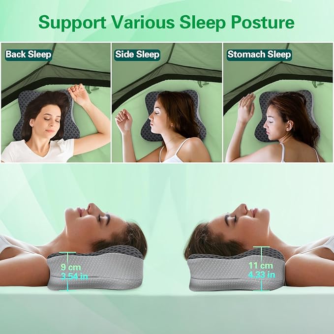 SAHEYER Travel Pillow for Sleeping, Ergonomic Cervical Neck Support Pillows, Lightweight Memory Foam Travel Pillow for Camping, Backpacking, Hammock - with Travel Storage Bag and Cooling Cover, Black