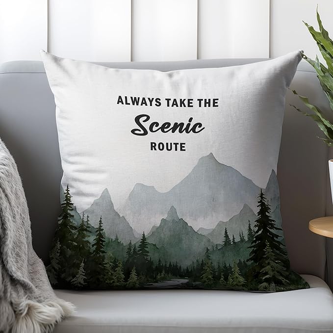 Camping Forest Scenic Mountain Nature Pillow Cover Case 18x18,Camper Lover Gifts,Always Take The Scenic Route Forest Green Camping Pillow Cover Decorative for Home Decor,Rv Pillows Cover,A244