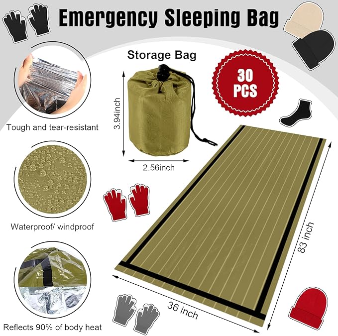 Chicingyou 120 Pcs Homeless Care Package Supplies Bulk Winter Emergency Thermal Blankets Warmer Beanie Socks Touchscreen Gloves for Men Women Cold Weather Outdoor Survival Kits(Green,Multicolor)