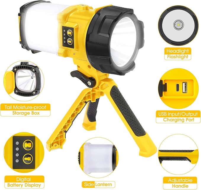 BOBKID Tripod Rechargeable Camping Lantern, 6 Modes LED Flashlight Handheld Spotlight with 4000LM, IPX4 Waterproof Searchlight Work Light for Emergency Hiking Survival Kit - Yellow