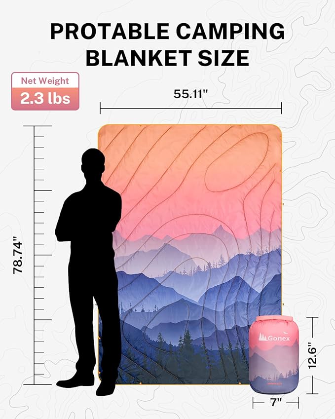 Gonex Camping Blanket with Aero-Warmth Breathable Layer - Puffy Printed Packable Blanket, Ultralight Wearable Water-Resistant Quilt, 79" X 55" for Camping, Beach, Hiking, Travel, Picnics(Sunset)