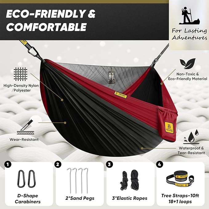 Camping Hammock with Mosquito Net, 600 lbs Portable Hammock with Tree Straps, 2-in-1 Double/Single Travel Hammock Tent for Outside/Indoor/Backpacking/Beach - Black & Red
