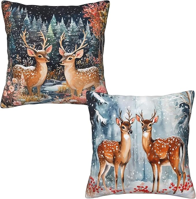 Winter Snowflake Reindeer Forest Throw Pillow Covers 18x18 inch Set of 2 Christmas Pillow Case Cushion Cover for Home Sofa Couch Living Room Car Decor