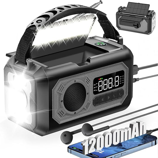 12000mAh Emergency Weather Radio, Hand Crank Solar Radio Portable AM/FM/NOAA Radio with 2 Solar Panels 3 Charging Methods SOS Alarm 3 Mode Flashlight Phone Charger Compass Reading Lamp