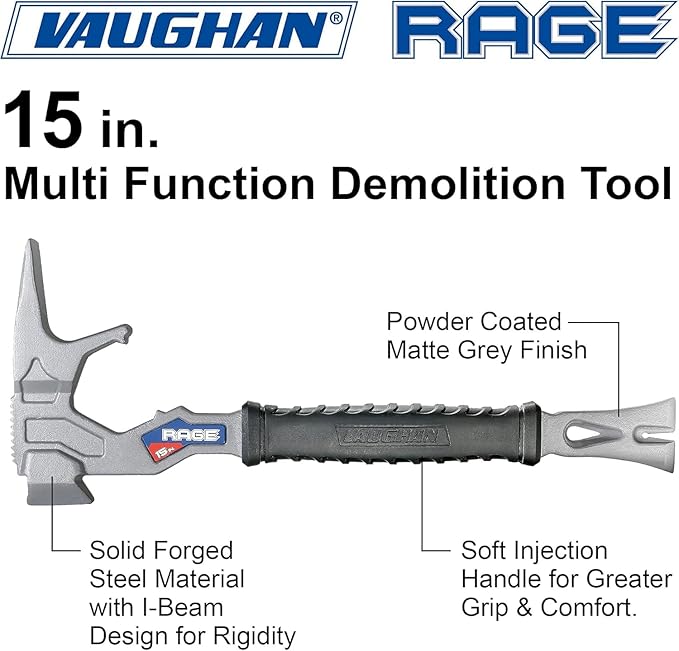Vaughan 15 Inch Multi-Function Demolition Tool, Hammer, Nail Puller, Multi-Use, Heavy Duty Construction, DIY Hand Tools - Blue 050042
