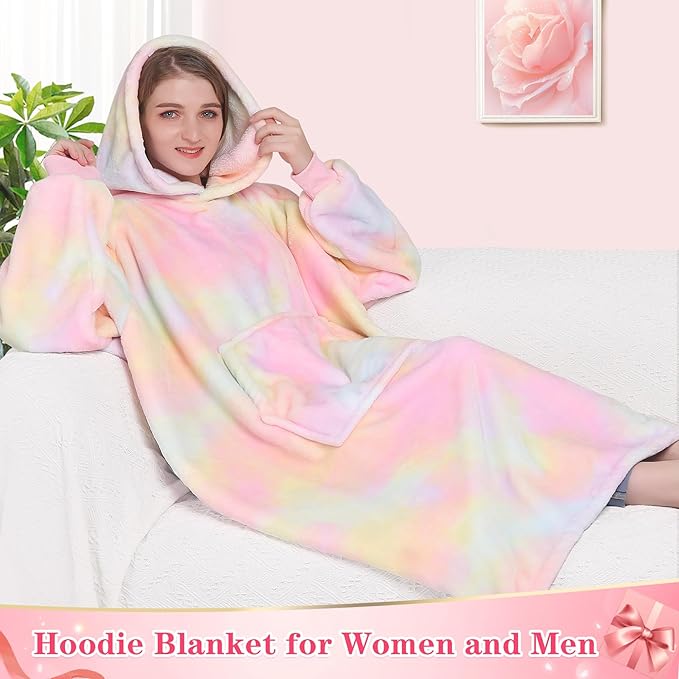 Waitu Wearable Blanket Sweatshirt Gifts for Women and Men, Warm and Cozy Rainbow Blanket Hoodie, Thick Flannel Hoodie Blanket with Sleeves for Adults and Kids