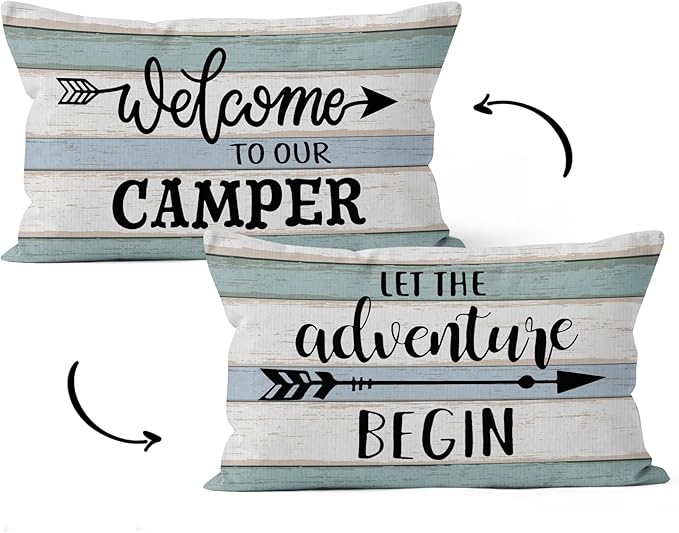 HIWX Let The Adventure Begin Welcome to Our Camper Decorative Pillowcase Throw Pillow Cover, Rustic Camper Camping Theme for Rv Sofa Bed Room Home Decor 12 x 20 Inch Reversible Pillow Case