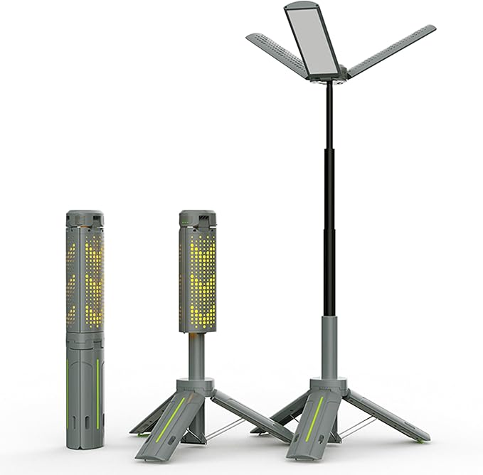 Rechargeable Camping Lights with Stand - Telescopic Cordless Work Lights with 3 LED Lamp Heads, Dimmable Emergency Tripod Flashlight, Portable Outdoor Lantern for Garage Power Outages Fishing