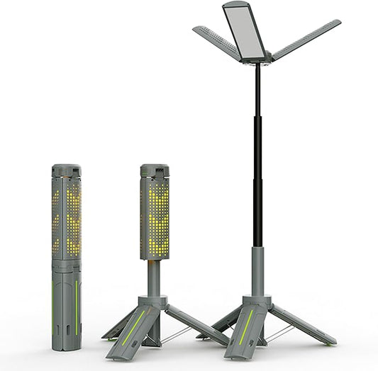Rechargeable Camping Lights with Stand - Telescopic Cordless Work Lights with 3 LED Lamp Heads, Dimmable Emergency Tripod Flashlight, Portable Outdoor Lantern for Garage Power Outages Fishing