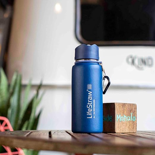 LifeStraw Go Stainless Steel Water Filter Bottle with 2-Stage Integrated Filter Straw, Double Wall Vacuum Insulated, for Hiking, Backpacking, and Travel, 24oz, Blue