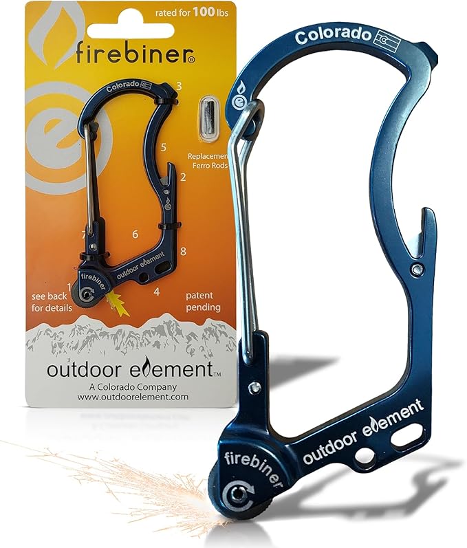 OUTDOOR ELEMENT Firebiner Custom Engraved 6-in-1 Fire Starter Carabiner Multitool – Survival Gear EDC Keychain with Utility Blade, Bottle Opener, Screwdriver, Emergency Tool