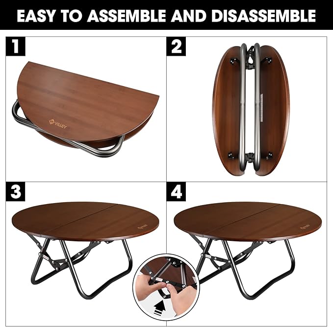 VILLEY Bamboo Round Folding Table, Camping Half-fold Portable Table with Carrying Bag for Indoor & Outdoor Picnic Coffee Barbecue Beach Card Game