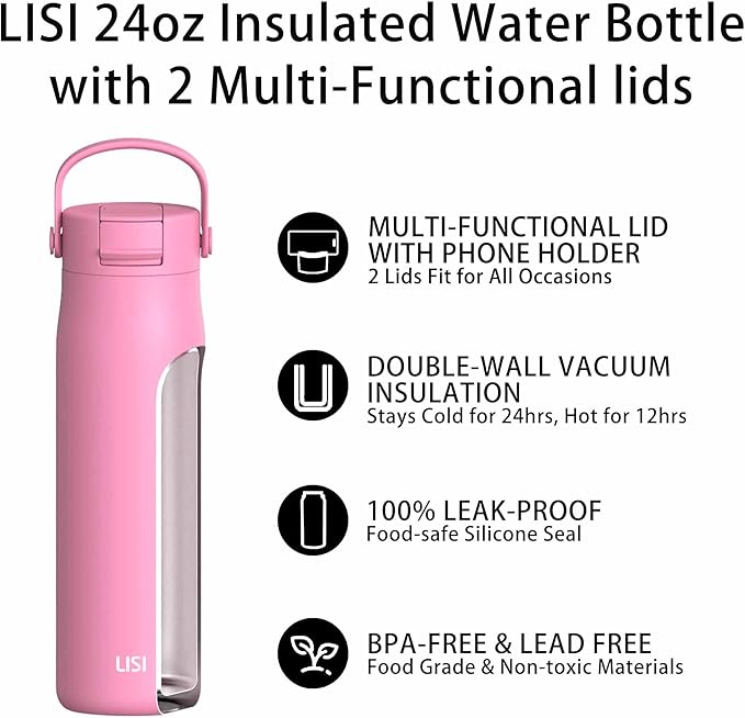 LISI 24oz Insulated Water Bottle, Double Wall Stainless Steel Water Bottles with Straw, 100% Leak-Proof Travel Thermal Canteen Mug with 2 Lids (Straw, Phone Holder Lid)