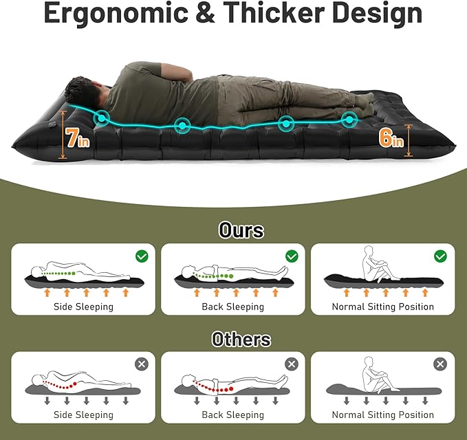 KASBAH Double Inflatable Camping Sleeping Pad,Thick 6 inch 2 Person Ultralight Sleeping Mat with Built-in Foot Pump and Pillow,Camping Essentials for Hiking,Backpacking,Traveling, Tent