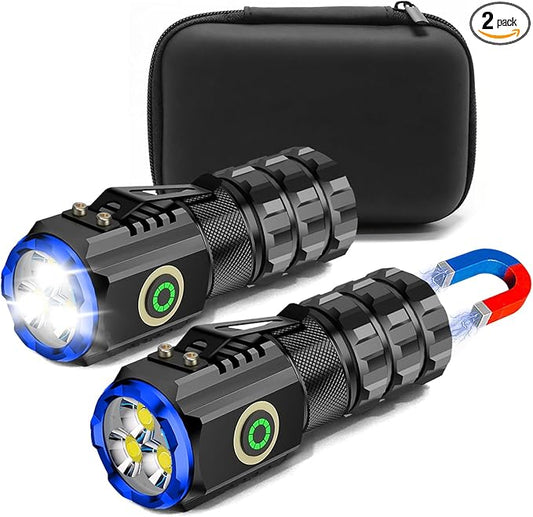 2-Pack Portable LED Mini Flashlight, Rechargeable EDC Small Pocket Flashlight 6 Lighting Modes w/Magnet Clip Waterproof for Camping Hiking Night Walking Running Outdoor Emergency