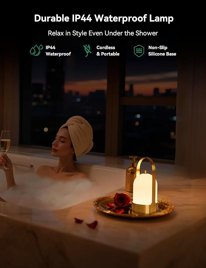 Tubicen Portable Lamp, Battery Operated Cordless Outdoor Table Lamps Rechargeable, 4-Level Touch Dimmable IP44 Shower Lamp, Night Light for Patio Camping Dining Room Bedroom (Brass, Waterproof)