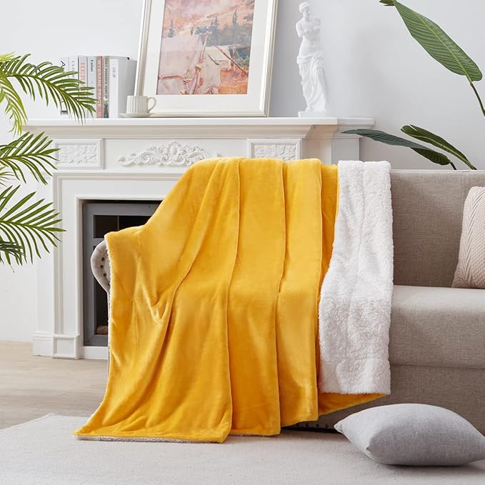 KAWAHOME Sherpa Fleece Blanket for Bed - Extra Warm and Heavy Thick Blankets for Winter, Super Soft 500GSM Plush Blanket, King Size 108" X 90" Yellow