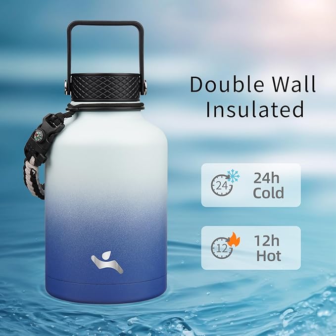 Konokyo Insulated Water Bottle with Straw,50 oz 3 Lids Water Jug with Carrying Bag,Paracord Handle,Double Wall Vacuum Stainless Steel Metal Flask,Sky