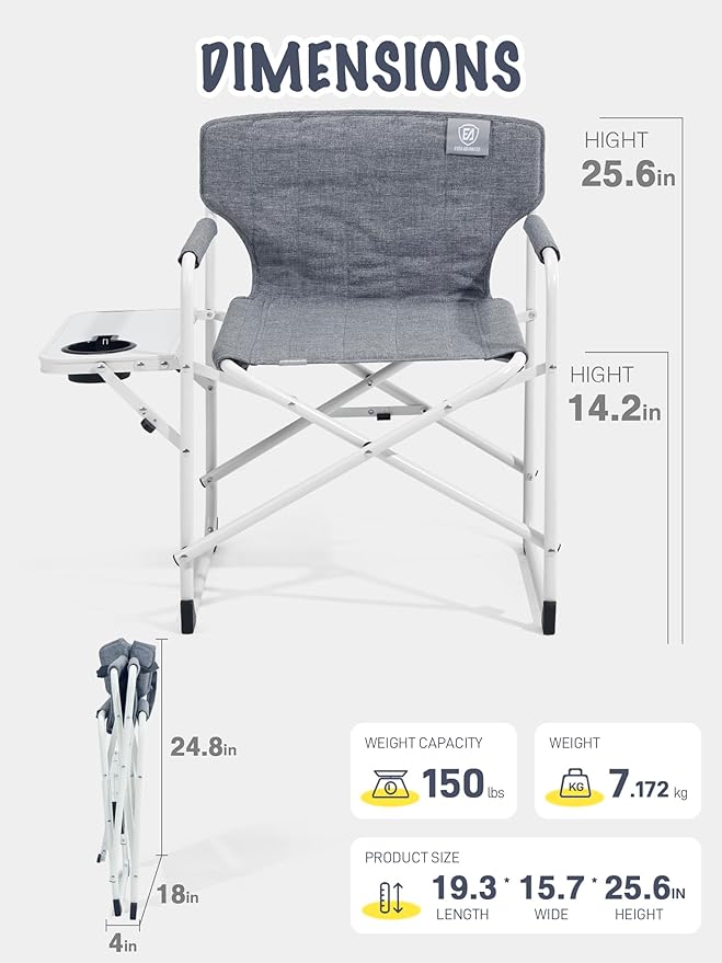 EVER ADVANCED Kids Directors Chair with Side Table, Padded Kids Folding Camping Chair Outdoor with Safety Lock, Lightweight Portable Camp Chairs for Beach, Balcony, Patio, Supports 150lbs, Grey