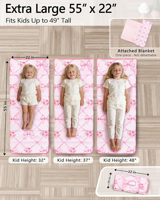 Primlect Thickened Toddler Nap Mat with Removable Pillow and Minky Blanket, Extra Large 55''x35'' Sleeping Bag, Washable, Roll up, Perfect for Daycare, Preschool, Kindergarten, Boys and Girls Bow