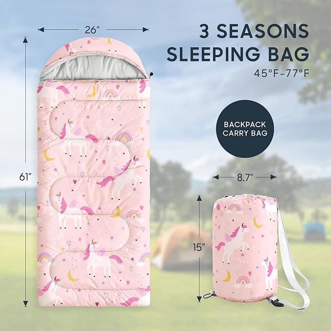Wake In Cloud - Kids Sleeping Bag for Girls Toddlers, Camping in Warm Cold Weather, Backpacking Lightweight Compact Outdoor Liner for 3 Seasons, Celestial Unicorns