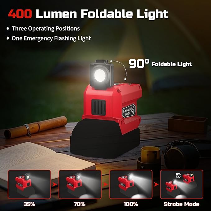 220W Power Inverter Compatible with Milwaukee 18V Battery, DC 18V to AC 110V Portable Power Station Generator with 1 AC Outlet, 2 USB Ports & 1 Type-C Fast Charging, 400LM LED Work Light (2-Pack)