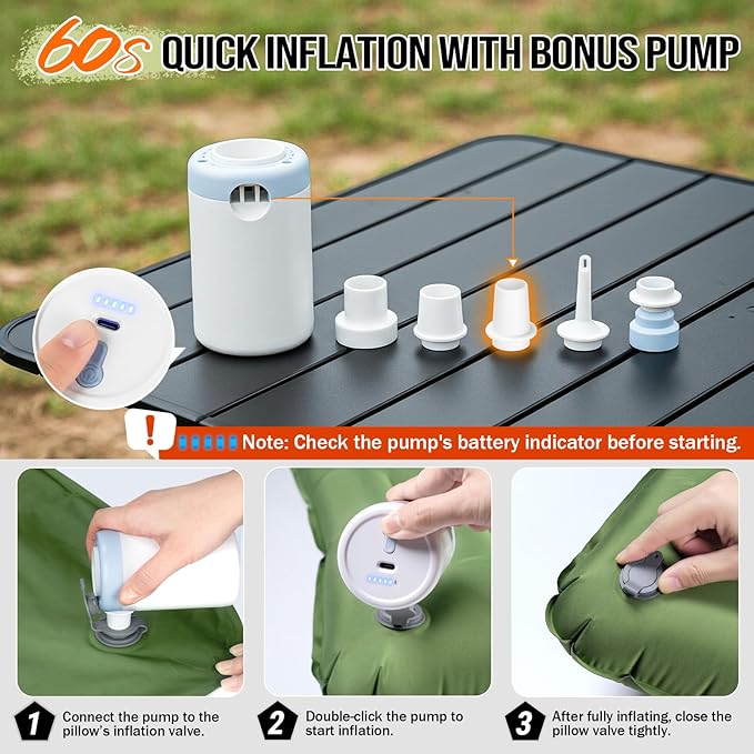 Double Sleeping Pad for Camping- 2 Person Camping Mattress with Pillow, Inflates in 60 Seconds Sleeping Pad with Pump-Electric/Foot Portable Air Pad for Backpacking, Hiking, Tent, Car Travel, Beach