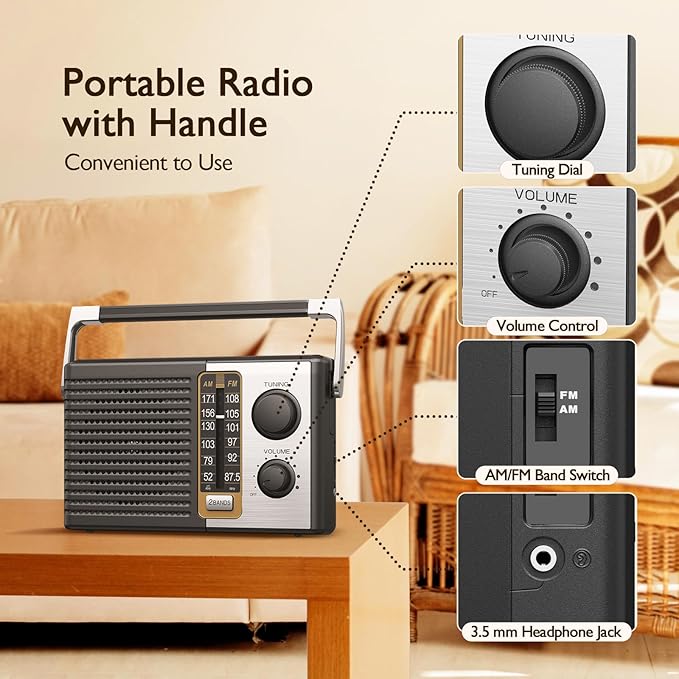 Yewrich AM FM Radio with Best Reception, Portable Battery Operated Transistor Radios, Headphone Jack, AC Powered, Suit for Senior and Home, Black