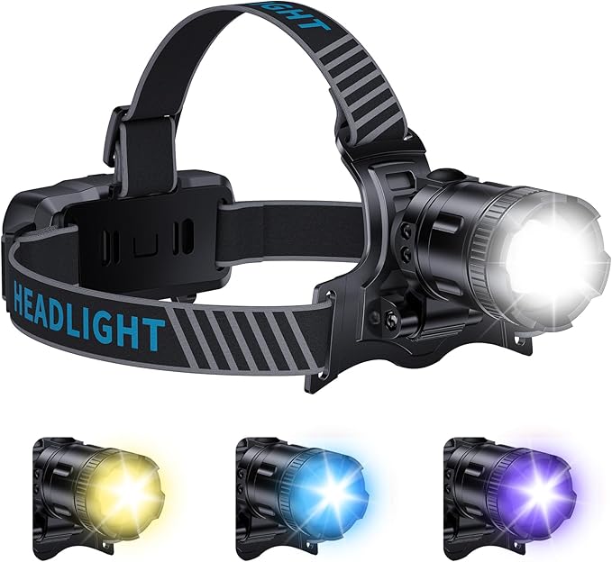 YNYS Rechargeable Headlamp with 4 Colors (White/Yellow/Blue/UV),990000Lumens Super Bright Headlights with 90° Adjustable, Zoomable, Waterproof Led Head lamp for Fishing Hunting Camping