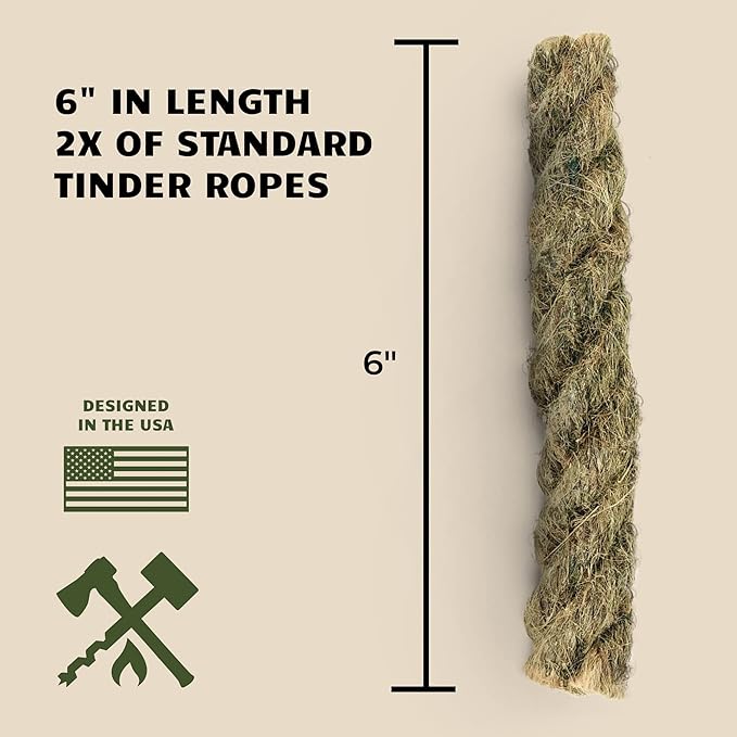 Bushcraft Survival Jumbo Jute Tinder Fire Starter Rope | 3 Pack Extra Large Natural Waterproof Kindling for Campfires | Wax Infused Cords for Camping, Hiking & Backpacking | Bushcraft Survival Tools