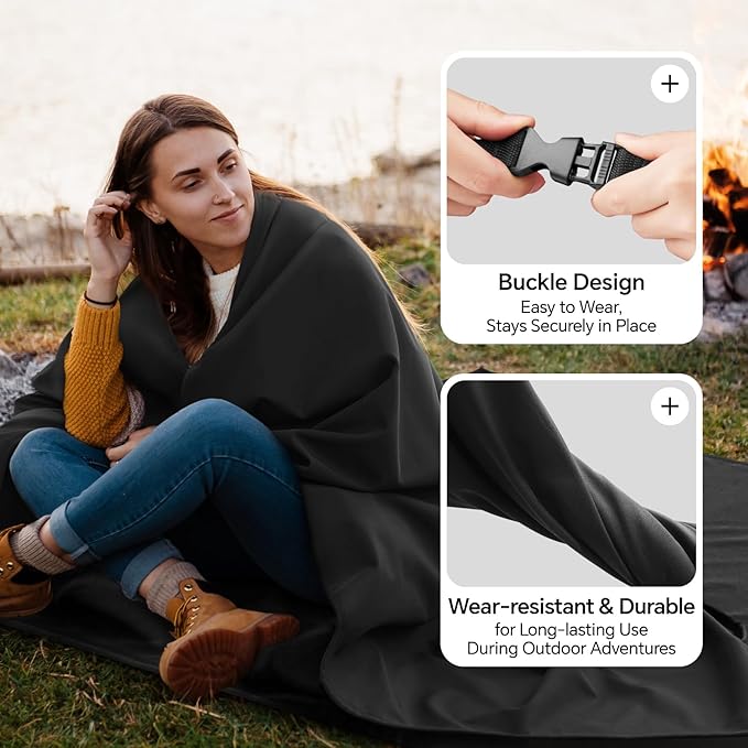 BEDELITE Large Waterproof Camping Blanket, Lightweight for Cold Weather, Foldable Fleece Stadium Blanket for Outdoor Sports, Windproof, Wearable, Machine Washable, 55" x 80",Black (Pack of 2)