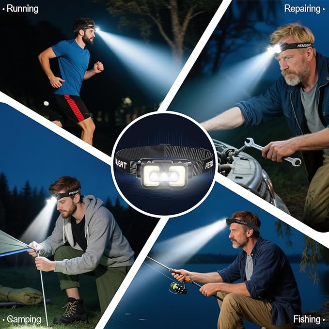 Headlamp Rechargeable with Motion Sensor Waterproof Head Lamps Led Rechargeable with Red Light 120° Adjustable for Adults Kids Outdoor Camping Running Fishing Hiking Hunting Cycling